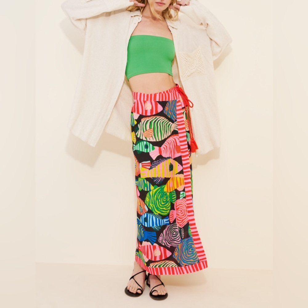 FARM Rio Multicolor Fish-Print Midi Skirt with Pink Stripe Trim